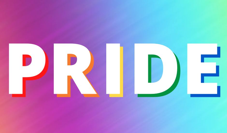 Rainbow coloured background with Pride as the front text