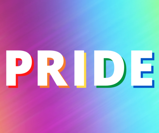 Rainbow coloured background with Pride as the front text