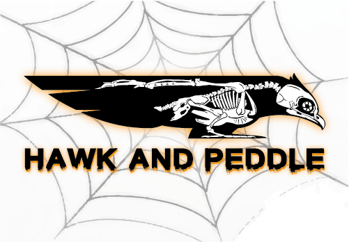 Hawk and Peddle Halloween banner With skeleton hawk in cobwebs