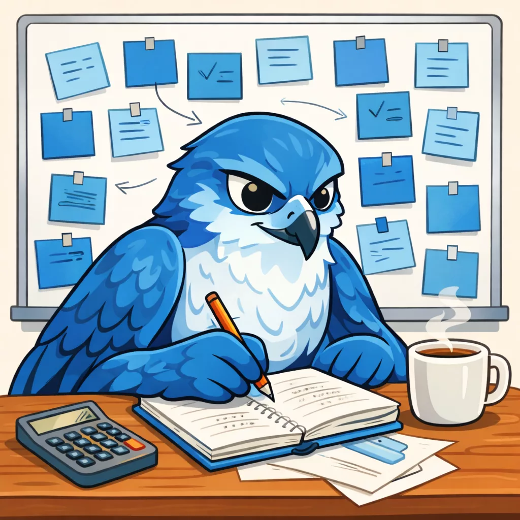 Hawk and Peddle business plan being written by the Hawk with postit notes on a board behind him