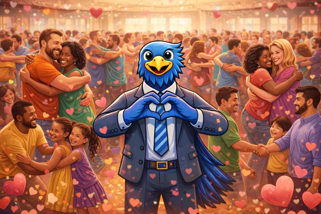 Hawk and Peddle valentine hawk with his hands representing a heart in front of his chest and a room of happy people hugging around him. Happy Valentines day to you from us at Hawk and Peddle