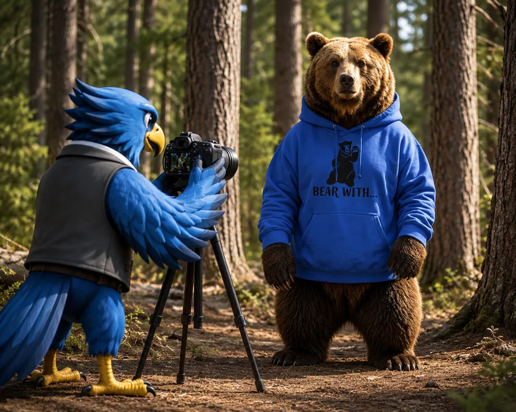 Hawk and Peddle Hawk taking a photo of the Bear With Hoodie bear