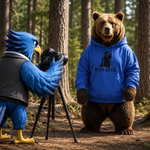 Hawk and Peddle Hawk taking a photo of the Bear With Hoodie bear